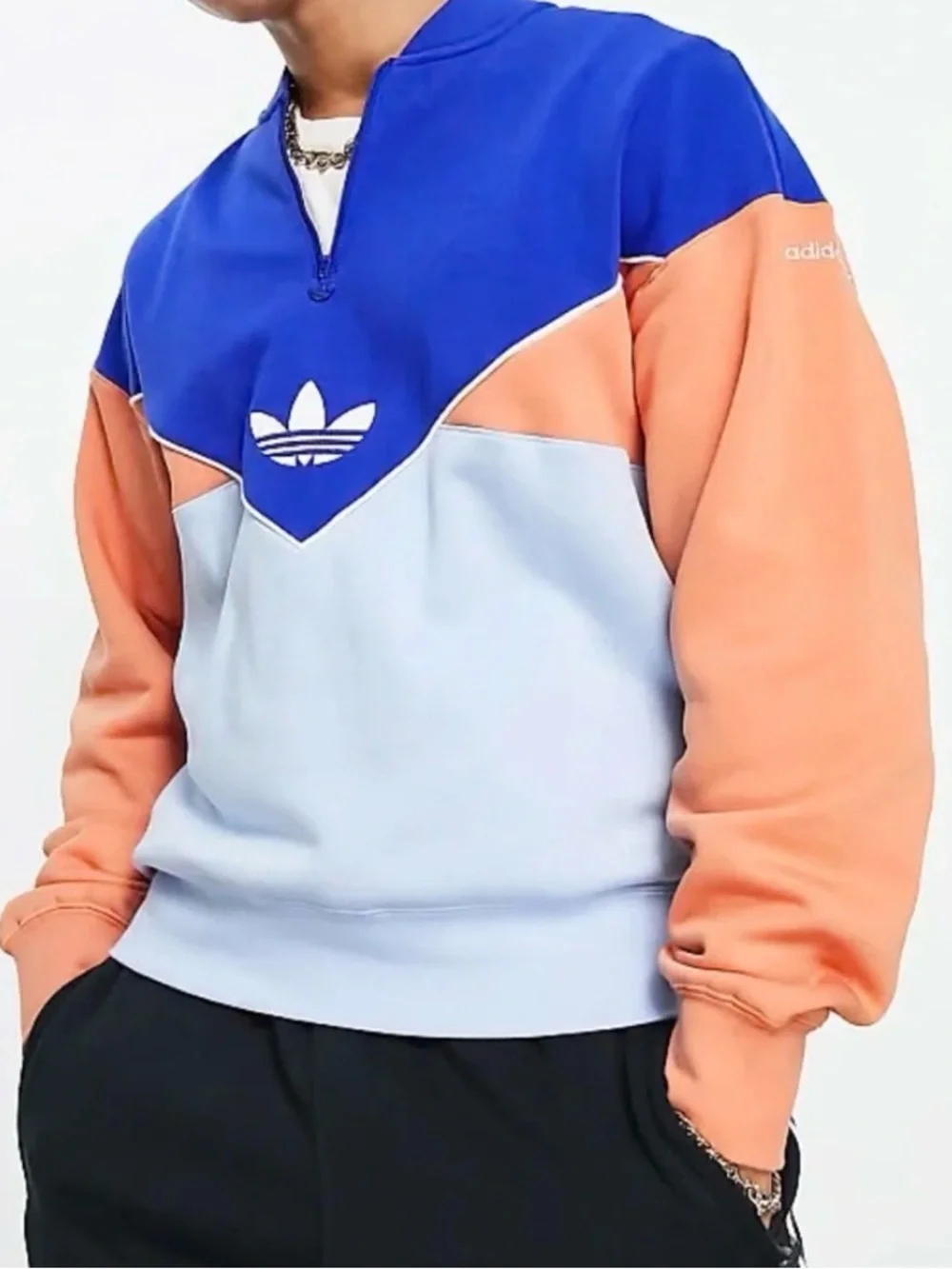Adidas Originals Large Adicolor 1/4 Zip Color block Crew Sweatshirt IB3144